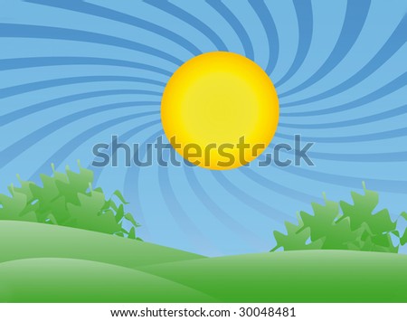 Colorful summer landscape with field, trees and sun rays