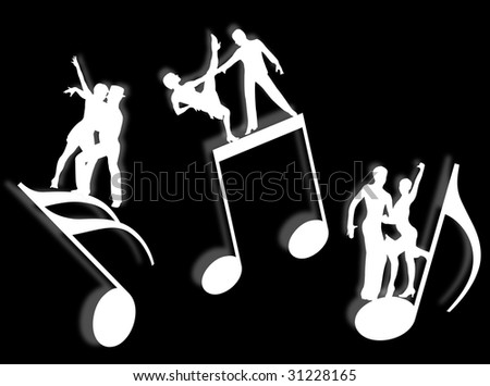 Couples dancing on notes in silhouette as symbol of music