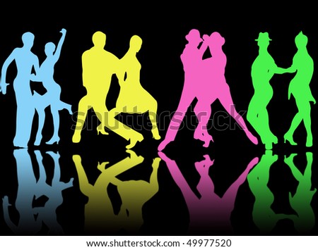 Colorful couples dancing together with shadows on the background