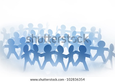 Group of blue paper doll people holding hands on white background