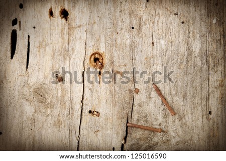 Rusty nails in old wooden wall