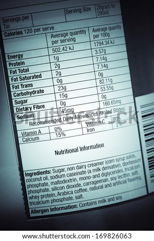 Nutrition information facts on food label