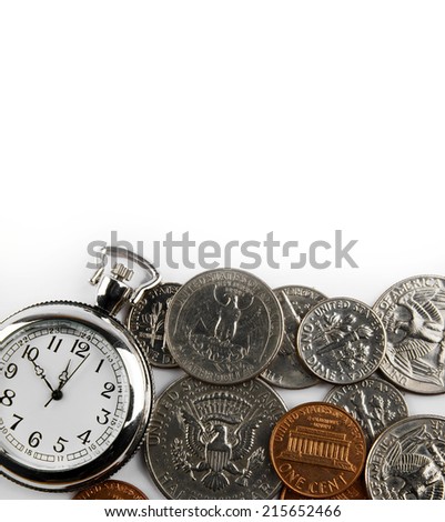 Pocket watch and coins on plain background. Time is money concept