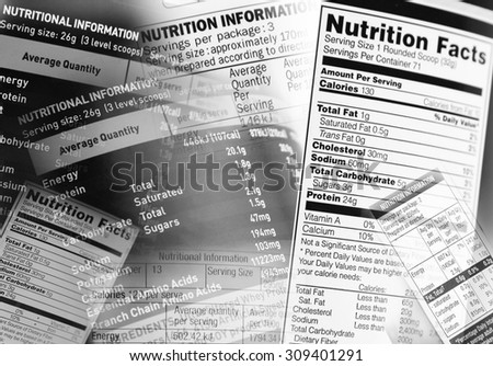 Nutrition information facts on assorted food labels