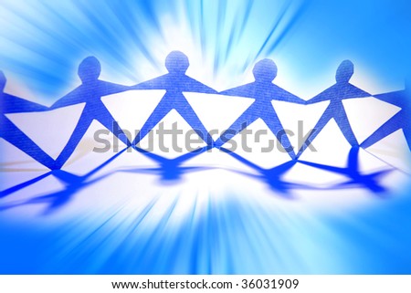 Paper-chain team over blue background