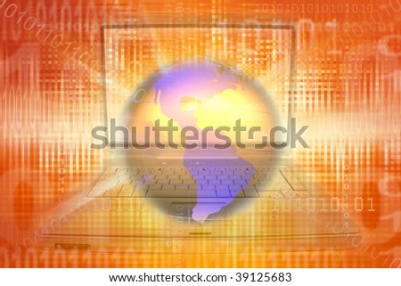 Globe, laptop computer and binary codes on orange background.