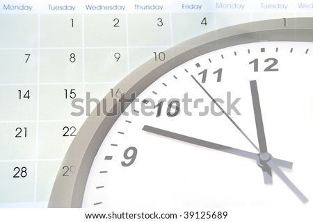 Clock face and numbers on calendar.