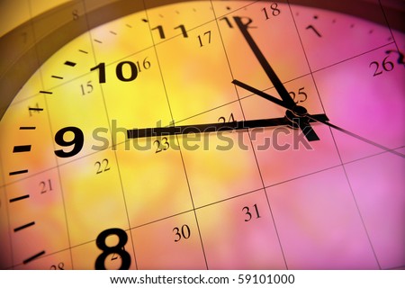Clock face and calendar on color background