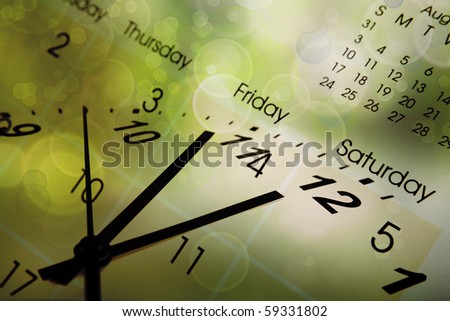 Clock face and calendar on color background
