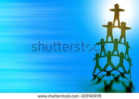 Human team pyramid on blue color background