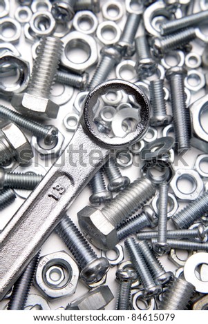 Chrome wrench on nuts and bolts