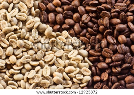 Green beans and roasted coffee beans background