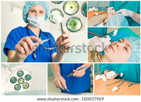 Collage on medical theme. Cosmetic medical operation. A portrait of a female surgeon an operation takes place in the background.
