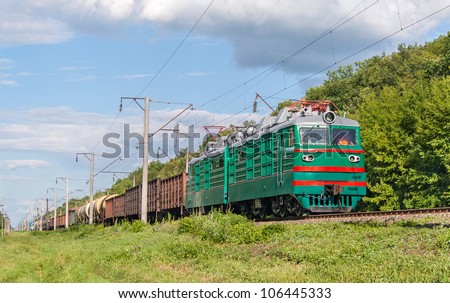 Freight train hauled by electric locomotive. Ukrainian railways