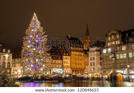 Christmas Tree At Place Kleber In Strasbourg, &Quot;Capital Of Christmas&Quot;. Alsace, France