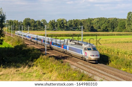 STRASBOURG, FRANCE - SEPTEMBER 22: SNCF TGV train from Strasbourg to Paris on September 22, 2013 in Strasbourg, France. II phase of hi-speed railway between Strasbourg and Paris will be opened in 2016
