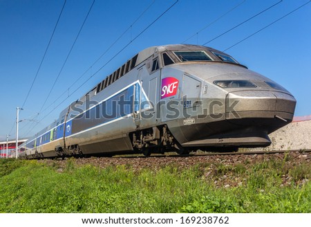 STRASBOURG, FRANCE - SEPTEMBER 22: TGV on a way from Paris to Strasbourg on September 22, 2013 in Strasbourg, France. The second phase of high-speed railway  Strasbourg - Paris will be opened in 2016