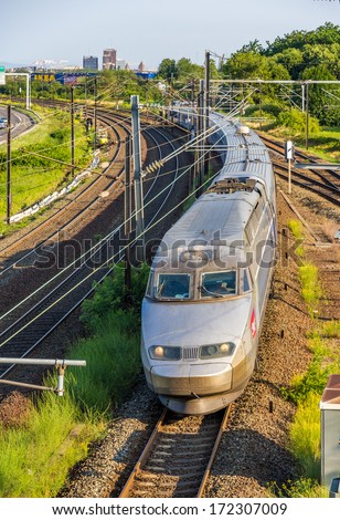 STRASBOURG, FRANCE - JULY 11: SNCF TGV train on a way from Strasbourg to Paris on July 11, 2013 in Strasbourg, France. The II phase of high-speed railway Strasbourg - Paris will be opened in 2016