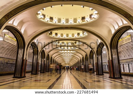 MOSCOW - AUGUST 14: Interior of the metro station Mayakovskaya on August 14, 2014 in Moscow, Russia. Moscow Metro is the world\'s busiest metro system