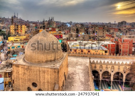 View of Cairo from roof of Amir al-Maridani mosque Egypt View of Cairo from roof of Amir al-Maridani mosque Egypt