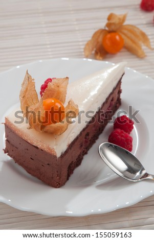 Chocolate cake piece on a white porcelain plate with tea spoon, raspberries and tropical fruit for decoration, white background.