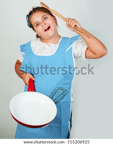 Caucasian, european girl, preschooler, brown hair, blue eyes, wearing a blue apron, thinking what to cook