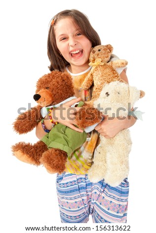 Little caucasian girl, brown hair, blue eyes, happy, laughing, holding her teddy bears, isolated on white background