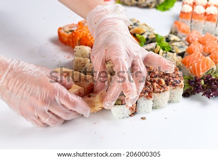 restaurant  staff lays the table with seafood