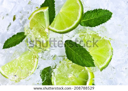 lime slices with ice and peppermint leaves