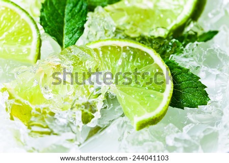 lime slices with ice and peppermint leaves