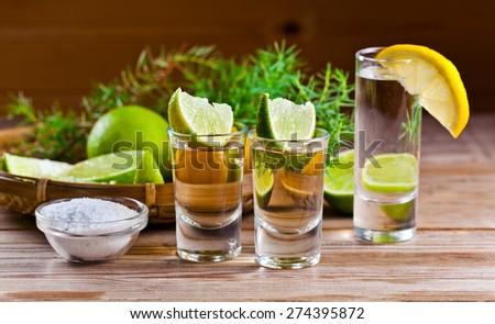 tequila and gin with citrus fruits on old wooden table