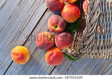 juicy peaches on wooden table in garden