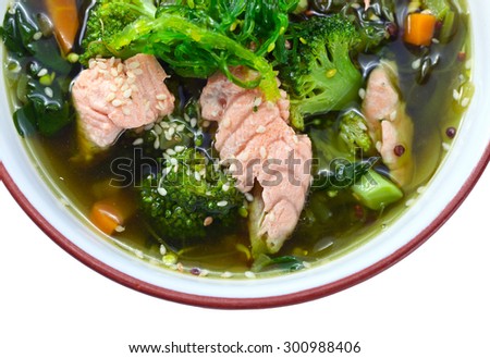 soup with salmon and green algae ,  Korean cuisine