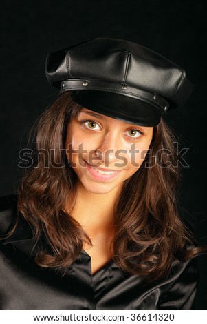 girl with long hair in black hat