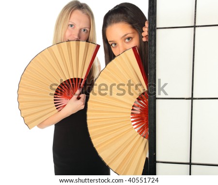 girls with fan on a white background