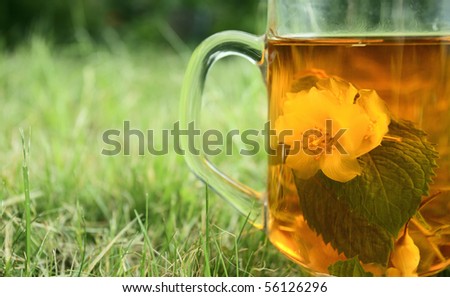 Glass with jasmine tea on a grass