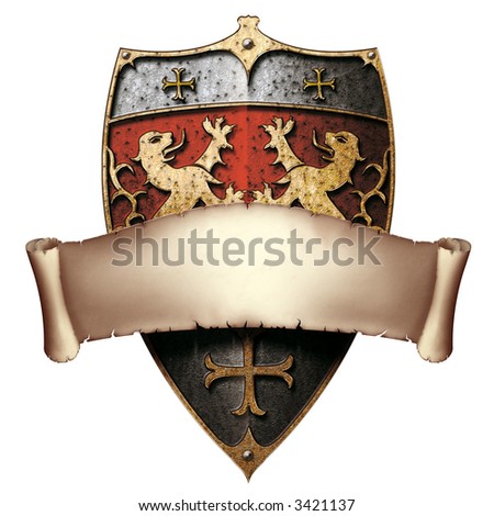 Metal shield with facing lions, crosses and parchment banner