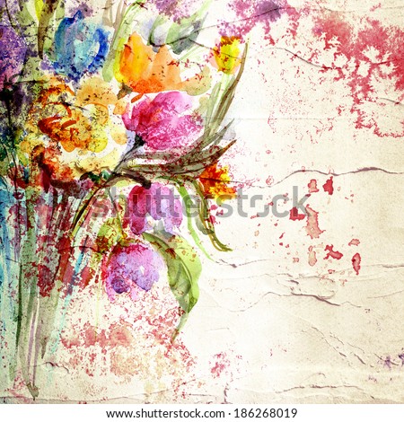 Flowers. Paint stucco background. Picture with floral bouquet. Painted canvas.