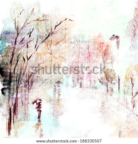Watercolor landscape. Autumn rain street. Urban art landscape.