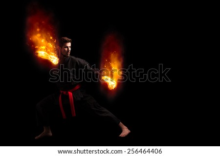Black Karate Fighter With Burning Hands, Photo Manipulation With Copyspace
