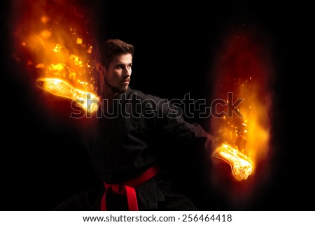 Black Karate Fighter With Burning Hands, Photo Manipulation, Close Up