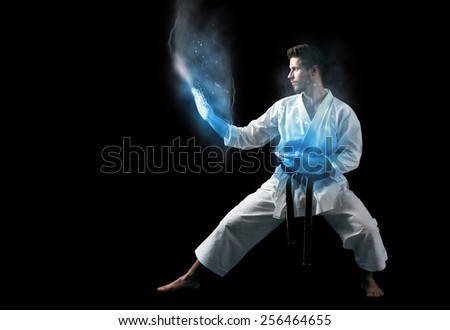 White Karate Fighter With Freezing Hands, Photo Manipulation With Copyspace