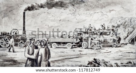 Harvest Time - Social Realism - dry point on paper