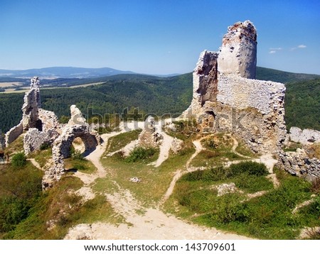 Interior view of ruined Castle of Cachtice situated in the mountains above the Cachtice village. The Castle of Cachtice was residence of the world famous Elizabeth Bathory.