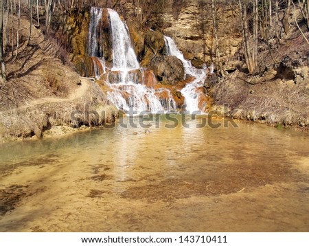 Waterfall with healing water in Lucky village. Lucky municipality in Ruzomberok, northern Slovakia. This village is wide known for its spa houses and resorts founded in the 18th Century.