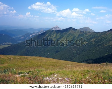 Velky Rozsutec mountain peak (alt. 1,609 meters) as seen from top of Chleb mountain peak (alt. 1,645 meters) located in north part Mala Fatra mountain range in the Zilina Region, northern Slovakia.
