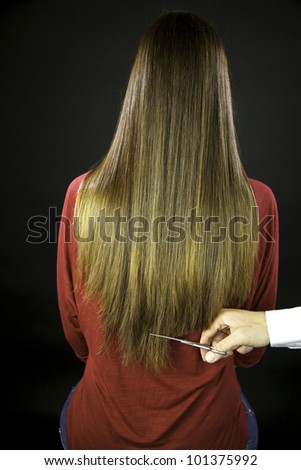 Hairdresser cuts long female model ruined hair