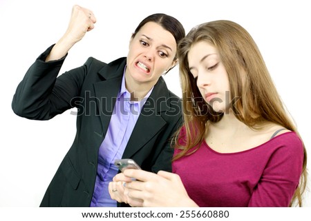 Mother crazy and angry about daughter playing with cell phone