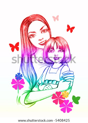 mother with a little daughter,  love of children