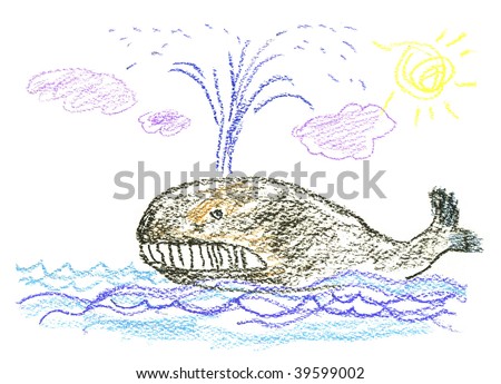 child\'s bright drawing, ocean and whale
